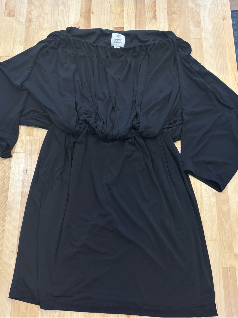 Suzi Chin for Maggy Boutique Black Peasant Dress scrunched neck & waist Sz 6